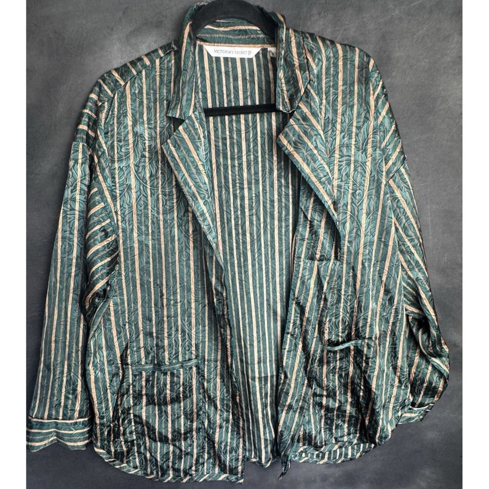 Victoria's Secret Vintage Green Gold Striped Pajama Top Blazer Large Brocade